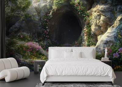 A Stone Path Leading to a Cave Entrance Adorned with Flowers Wall mural