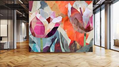 Abstract Collage of Two Tulips with Orange and Red Background Wall mural