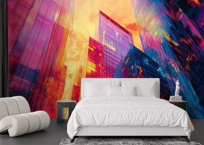 Abstract Colorful Glass Skyscrapers Against Sunset Wall mural