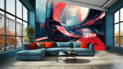 Abstract Futuristic Cityscape with Curved Structures and Red and Blue Hues Wall mural