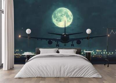 Airplane landing at night with a full moon in the sky Wall mural