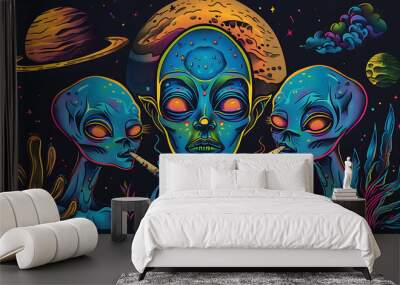 aliens in a psychedelic planet smoking a joint t shirt design, black background. Generative Ai Wall mural