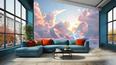 An abstract podium design inspired by clouds, with swirling shapes and light effects, set against a soft blue sky background for a modern and artistic display scene Wall mural