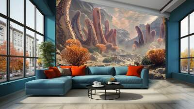 An oasis surrounded by towering, dried-up coral formations Wall mural