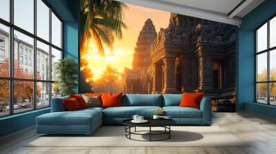 Ancient Stone Temple at Sunset with Palm Trees Wall mural