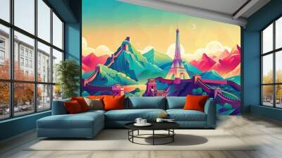 Bright, colorful illustrations of famous landmarks like the Eiffel Tower and the Great Wall Wall mural