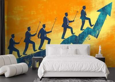 Businessmen Climbing Upward Arrow in a Grunge Style Illustration Wall mural