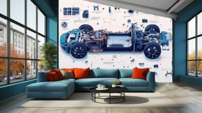 Exploded View of a Modern Electric Car with its Component Parts Labeled Wall mural