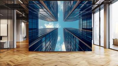 Four Skyscrapers Converging in a Blue Sky with Clouds Wall mural