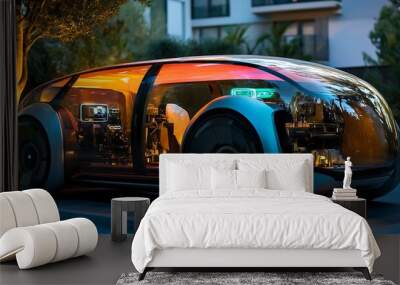 Futuristic Transparent Car Parked on a Sidewalk at Night Wall mural