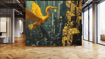 Golden Bird Soaring Over a City of Gold and Skyscrapers Wall mural