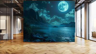 Moonlight night view at a beautiful fantasy unreal landscape. Generative Ai Wall mural