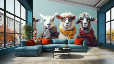 portrait of sheep with sunglasses, Cute animals in group wearing clothes. Generative Ai
 Wall mural