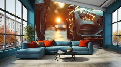 Professional driver near luxury car, closeup. Chauffeur service. Generative Ai Wall mural