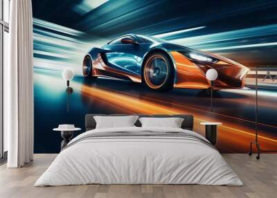 side view of a fast driving sport car, blurred motion background. Generative Ai Wall mural