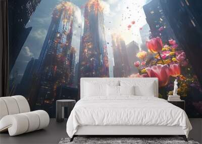 Skyscrapers and Flowers in a Surreal Cityscape Wall mural