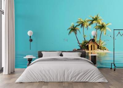 Small tropical island with palms and hut surrounded sea blue water. Scenery of tiny island in ocean. Concept of vacation, travel, nature, summer. Generative Ai Wall mural