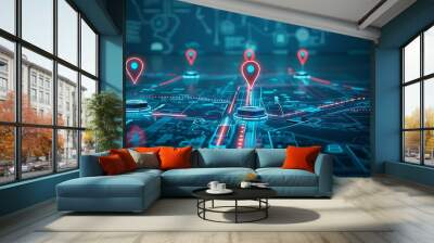 Smart Delivery Digital Map with AI and GPS Pins Showcasing Future Transport Logistics Wall mural