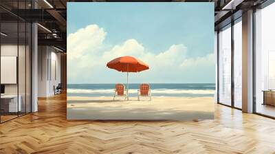 Two Beach Chairs Under an Orange Umbrella on a Sandy Beach Wall mural