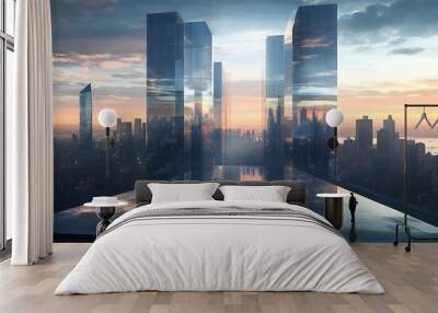 Two Silhouettes on a Rooftop Overlooking a Cityscape at Sunset Wall mural