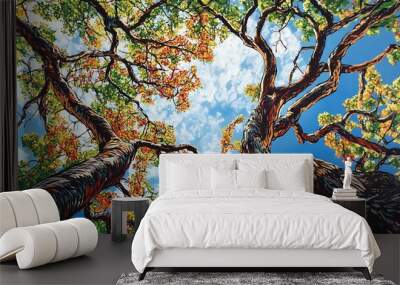 Two Tree Trunks Intertwining Against a Blue Sky Wall mural