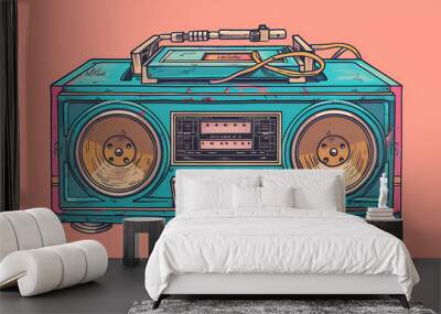 Vintage boombox sound system. 1980s Boom Box Cassette Tape Player. Old school vintage radio tape recorder doodle double cassette speaker. Generative Ai Wall mural