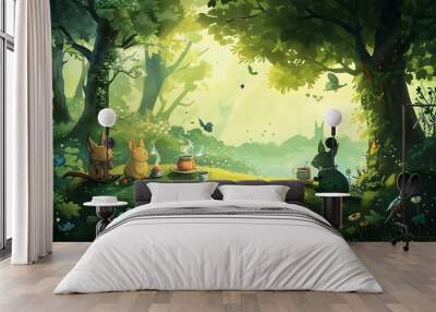 Whimsical Forest Animals having a tea party in a magical forest with green land and clear sky Wall mural