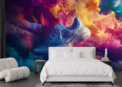 White Sneaker Floating in Colorful Smoke Wall mural