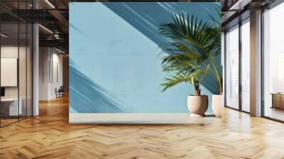 Cement wall background blue color shadow of palm in pot Wall mural