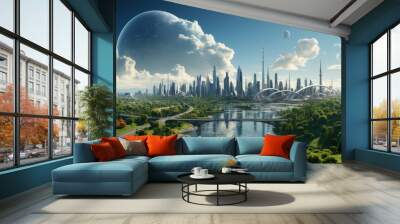 Green cities use wind turbines to power the city. renewable energy concept. with forests and rivers Wall mural