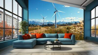 wind turbine generates electrical energy outdoors with sun and blue sky, concept of conservation and sustainable energy.wind turbine generates electrical energy outdoors with sun and blue sky Wall mural