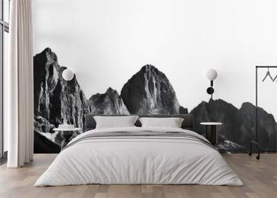 Black and white mountain range wall art on a white isolated background. Generative AI. Wall mural