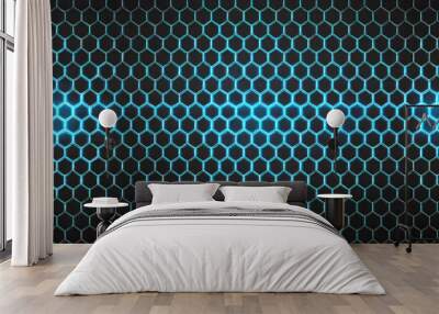 Black background with blue neon hexagon grid. Glowing hex background. Generative AI. Wall mural