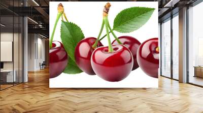 Cherries with leaf on a white isolated background. Generative AI. Wall mural