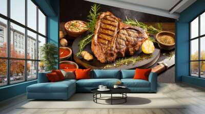 Grilled BBQ T-Bone Steak. Generative AI. Wall mural