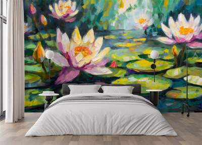 Impressionist Water Lilies. Generative AI. Wall mural