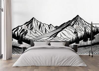 One continuous line drawing of mountain range landscape. Web banner with mounts in simple. Generative AI. Wall mural