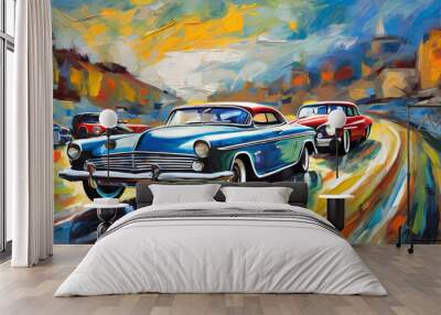 vintage car rally with classic automobiles, employing oil painting techniques to showcase. Generative AI. Wall mural