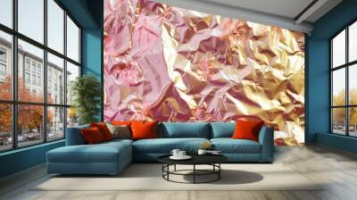 Pink gold crumpled foil paper background. Wall mural