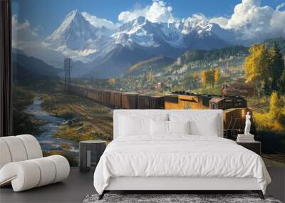 A train is running through a beautiful mountain view  Wall mural