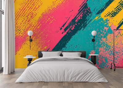 Abstract Sports Background with yellow and pink and orange and blue and green red Brushstrokes and Halftone Effect. Dynamic Grunge Background. Scratch and Texture Elements For Design Wall mural