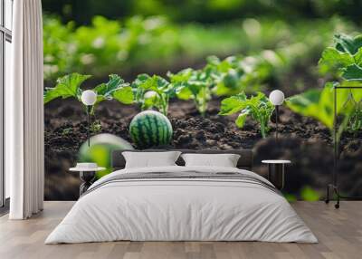 Green watermelon plants on the ground  Wall mural