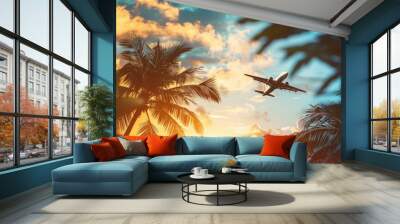 Plane flies over coconut trees and at sunset Tropical vacation concept Wall mural