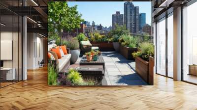 Urban rooftop garden with potted plants, modern furniture, and a panoramic city view Wall mural