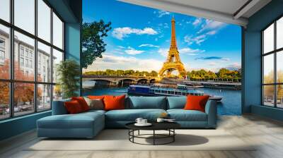 Scenic panorama of Eiffel Tower, Seine River, and pont d'lena in Paris, France Wall mural