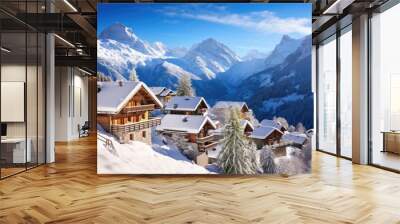 Charming alpine village with snow-draped rooftops and quaint chalets, creating a magical winter wonderland - Generative AI Wall mural