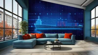 Container cargo ship global business logistics import export freight shipping transportation,  Big data visualization graphic graph and chart information business network - Generative AI Wall mural