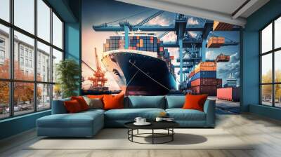 Container ship being loaded and unloaded at terminal freight port, international shipping and global commerce, modern cargo harbor and yard for maritime shipment and delivery - Generative AI Wall mural