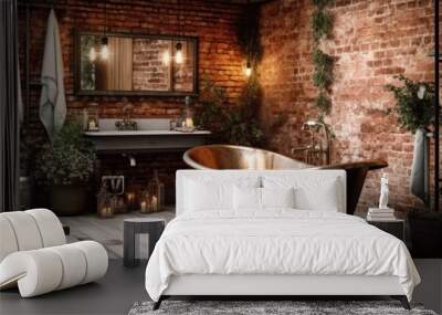 Rustic bathroom with exposed brick walls, wooden accents, and a copper bathtub, offering a cozy and earthy retreat - Generative AI Wall mural