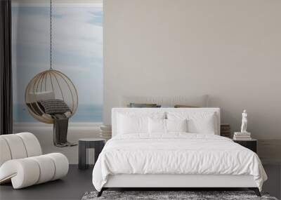  Modern bedroom or hotel room with ocean view with hanging wicker chair and coffe table. 3d render of a minimalistic classic white bed Wall mural